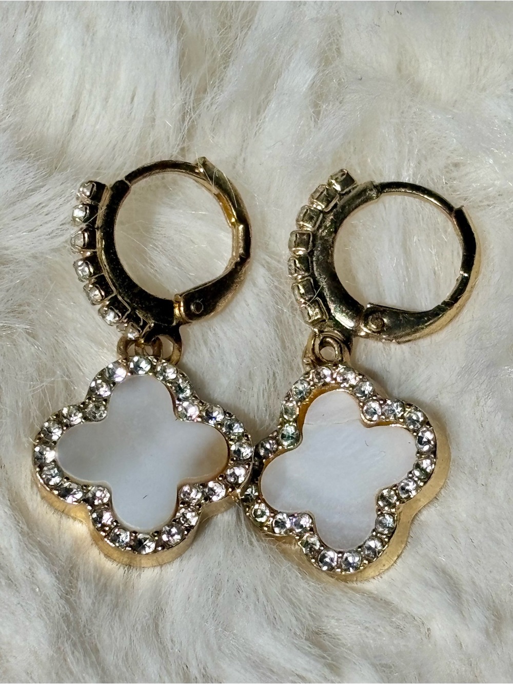 14K Gold Plated White Clover Crystal Drop Earrings - Picture 3 of 8